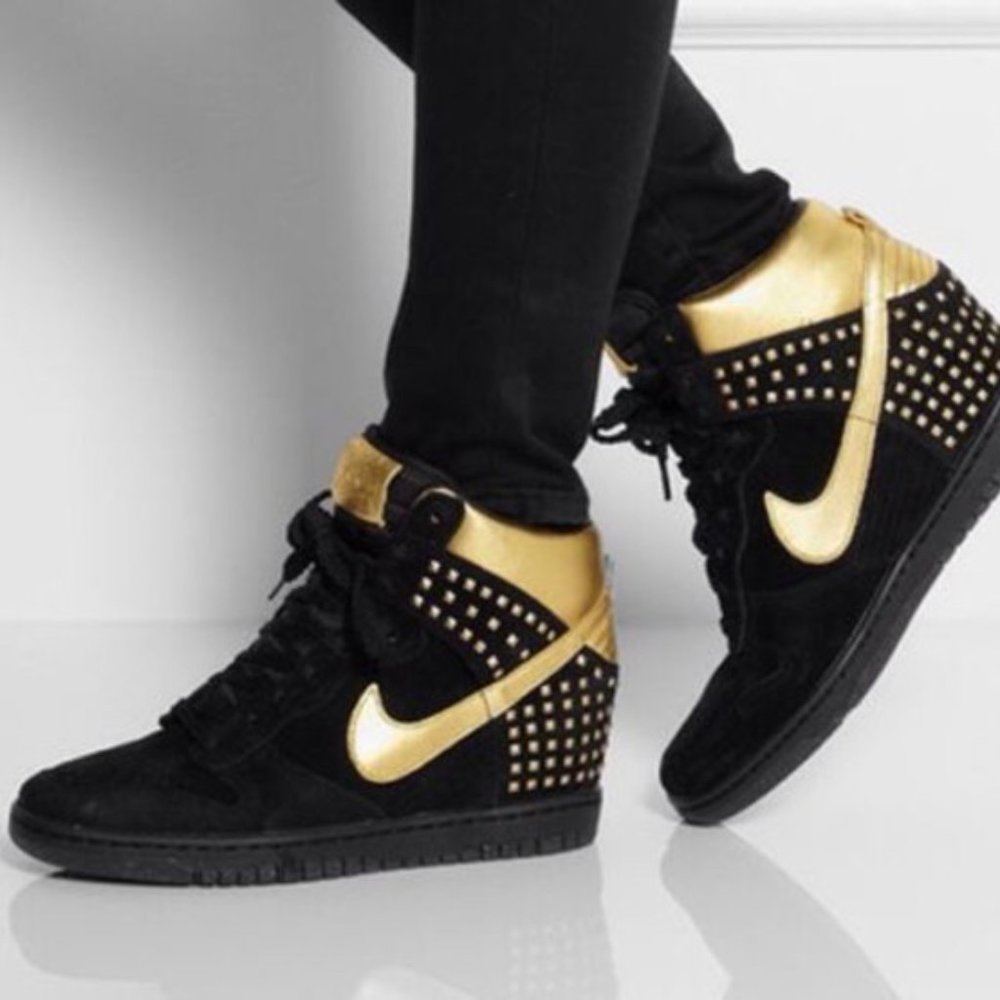Nike Dunk Sky Hi Studded Hidden Wedge Sneakers Black Gold Metallic Studded 10.5